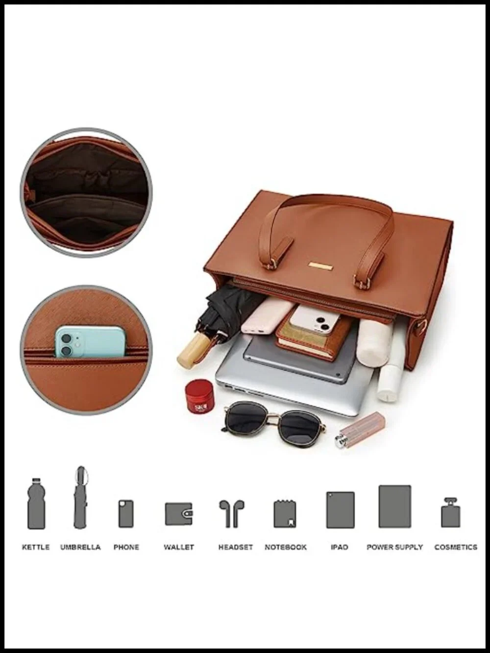 Synthetic Leather Tote Bag Set with Crossbody and Cosmetic Bag